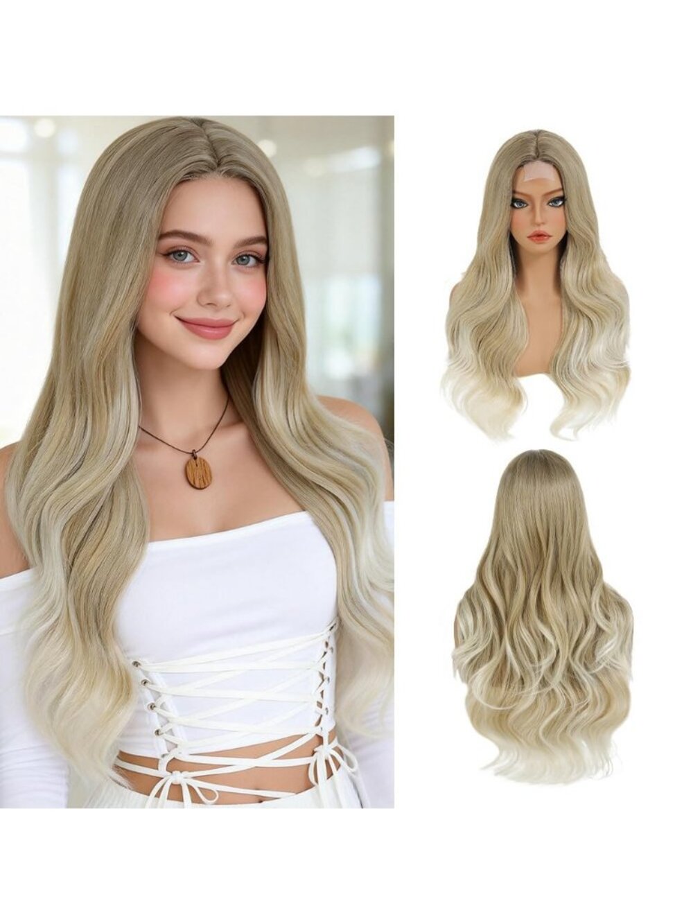 Women's Ash Blonde 26 Inch Middle Part Natural Looking Synthetic Curly Wigs